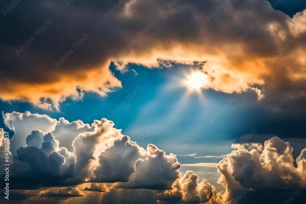 Sky blue and orange light of the sun through the clouds in the sky 