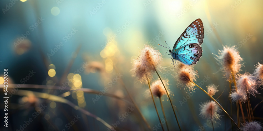 Butterfly on grass with brown wild flowers