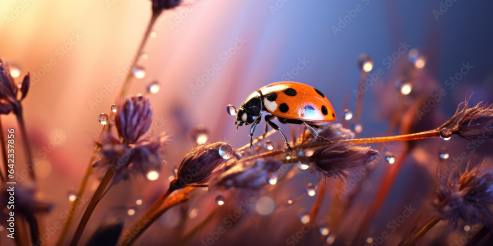 Close up photo, ladybug on grass with brown lupine. Pink, purple, orange colors.