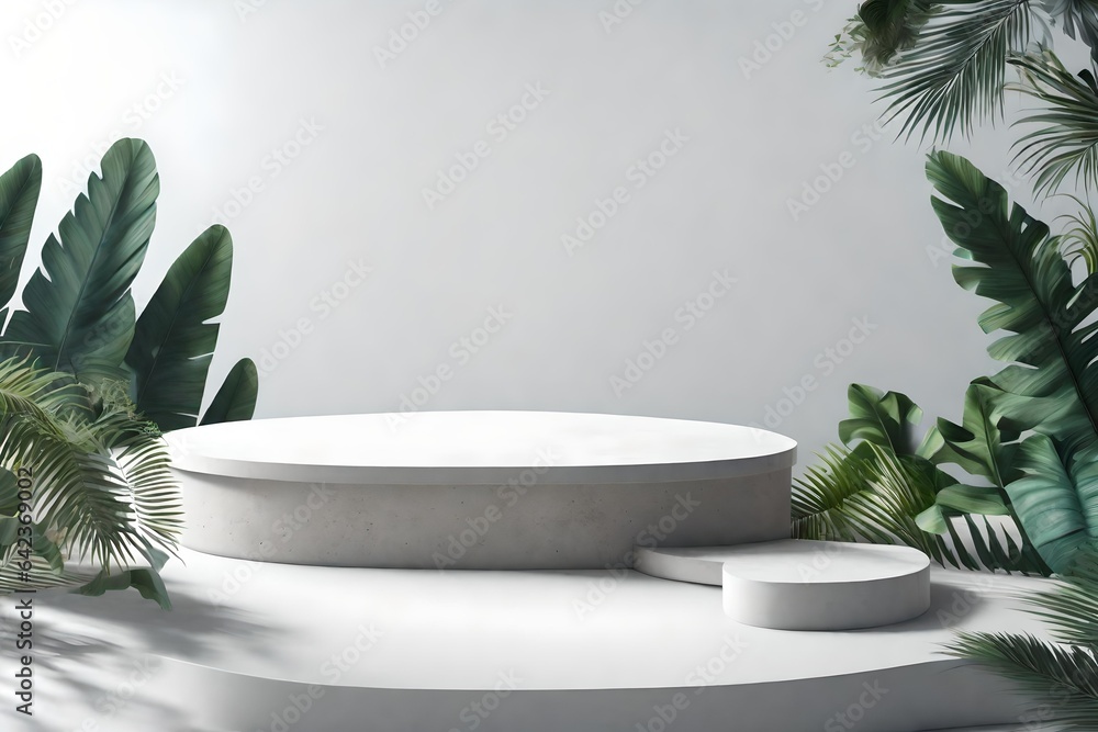 Concrete podium in tropical forest for product presentation and white wall