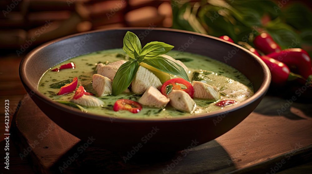 Thai food, Green curry chicken with coconut curry on the wooden floor background. Generative Ai