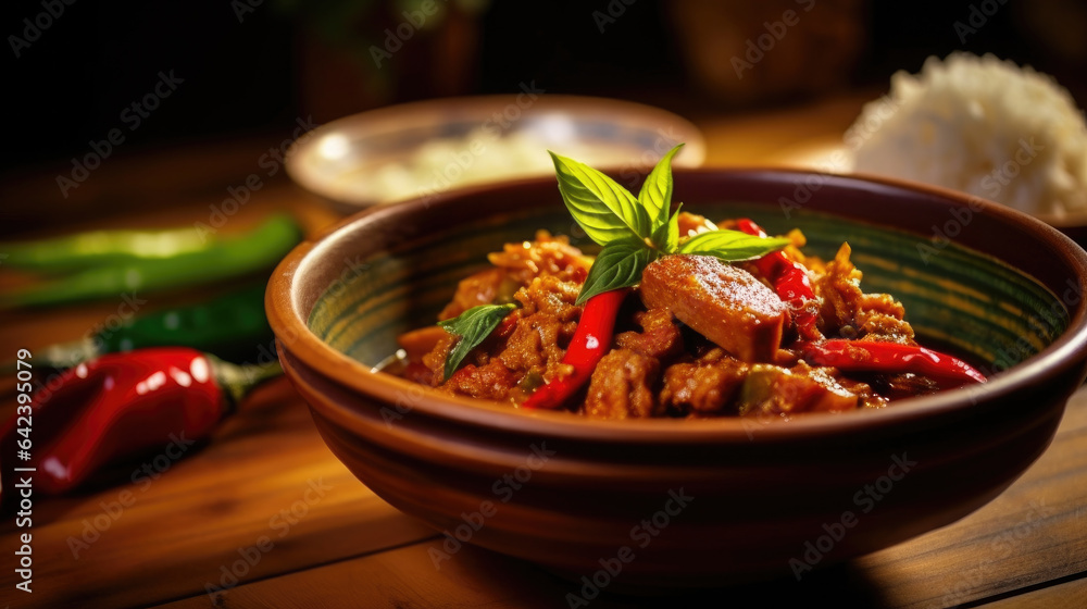 Thai food, Spicy thai curry with pork meat serving with rice and decorating with herbal vegetable in