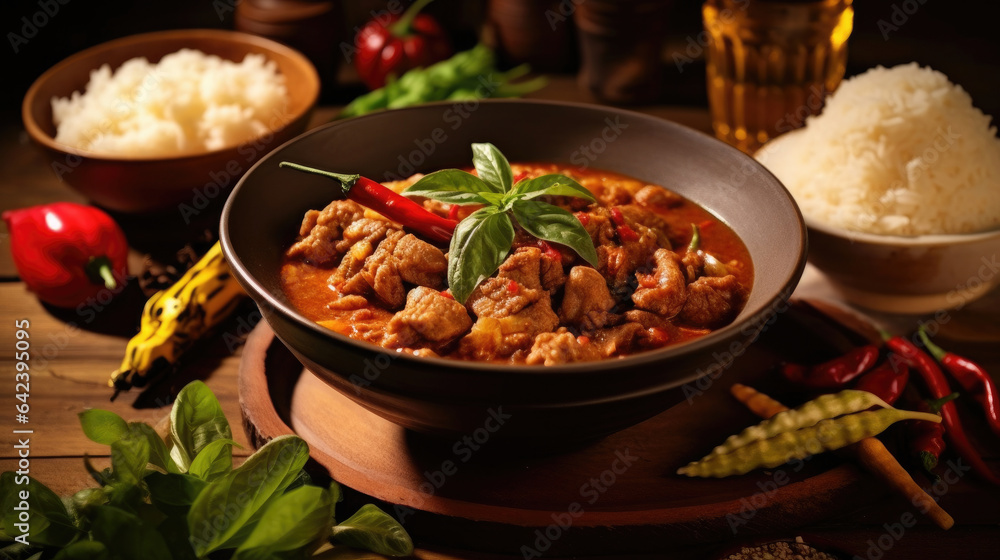 Thai food, Spicy thai curry with pork meat serving with rice and decorating with herbal vegetable in