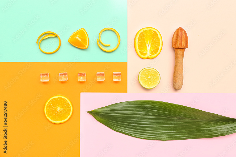 Cut citrus with juicer, ice cubes and palm leaf on color background