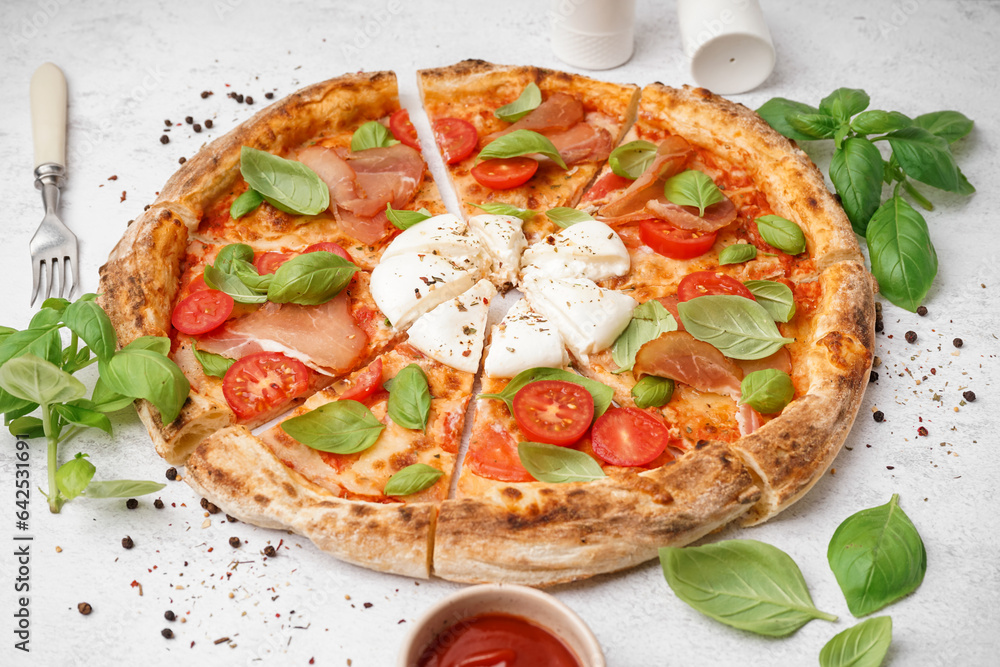 Slices of tasty pizza with Burrata cheese on light background