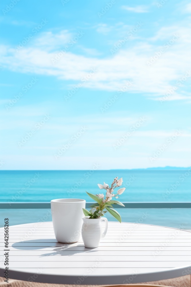 Empty mockup at a sea-view cafe table