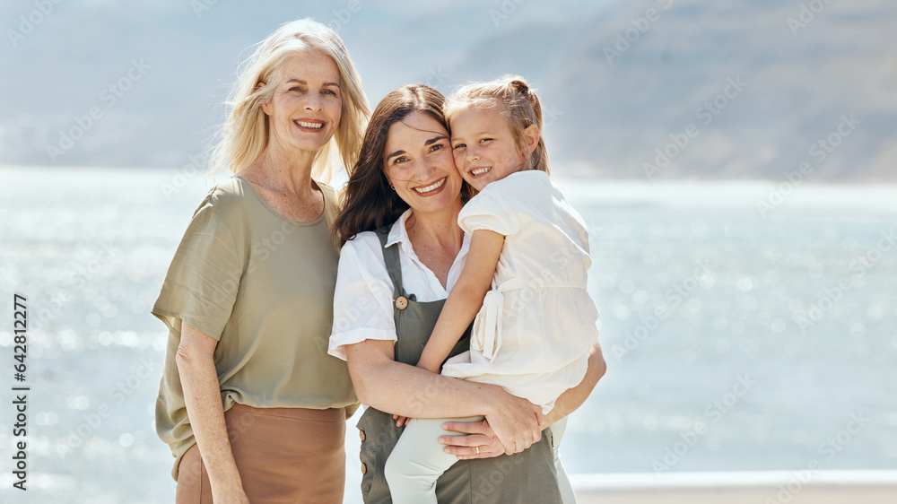 Beach, portrait and girl with her grandmother and mother on vacation, adventure or holiday. Happy, s