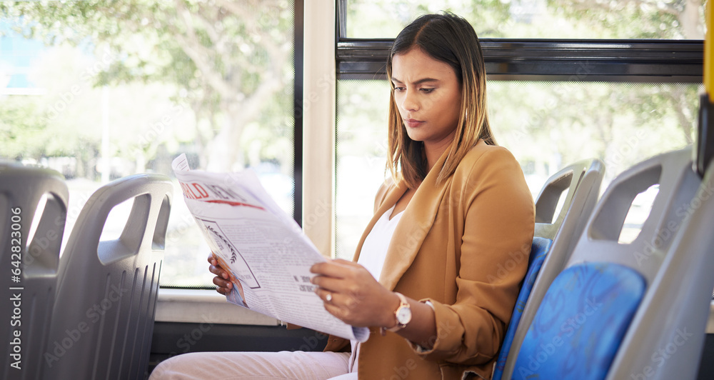 Woman on a bus, transportation and travel with newspaper, commute to work or university, city and tr