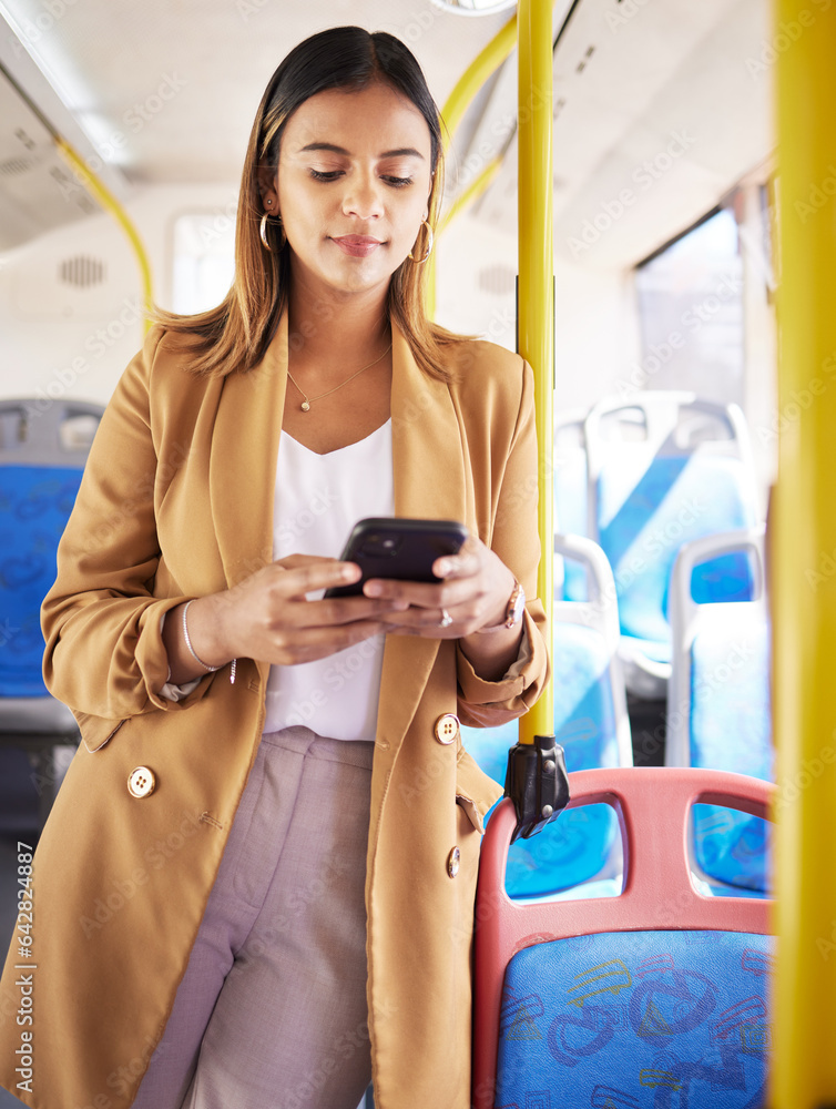 Bus, business woman and phone with public transport, social media scroll and web with job commute. C