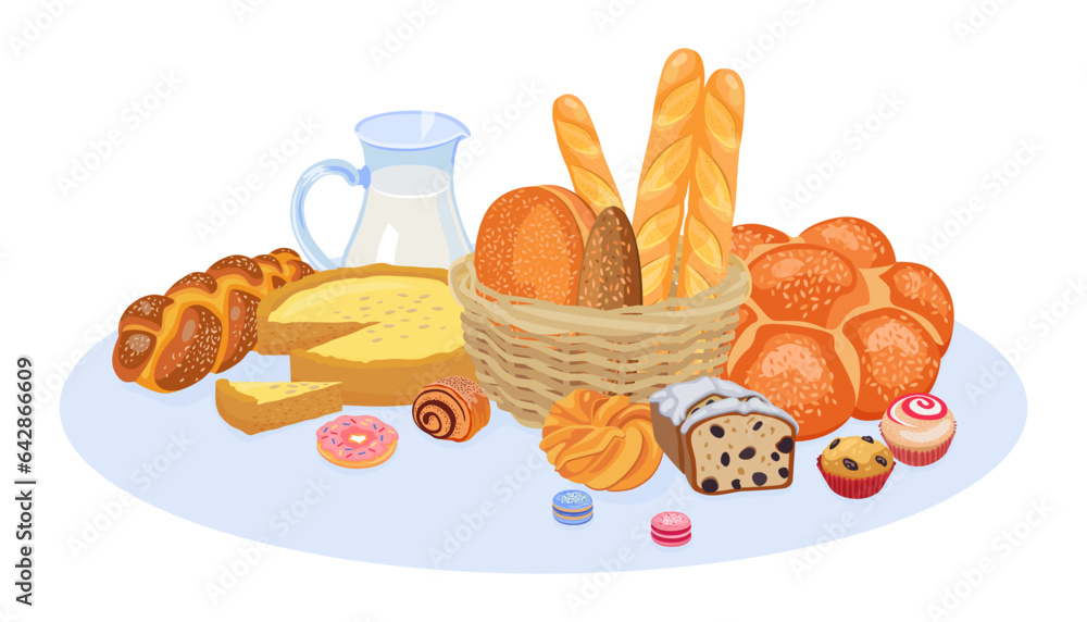 Different baked desserts and bread vector illustration. Cartoon drawing of fresh pastry, pies, bague