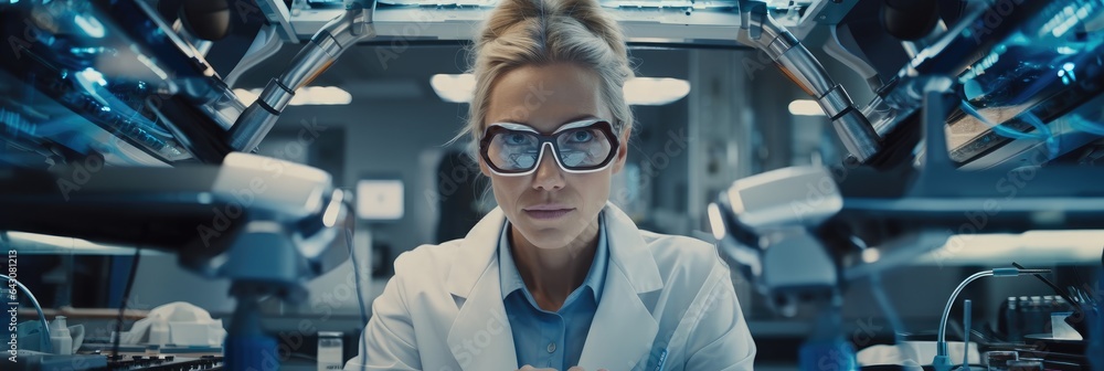 Female doctor at an optical clinic with futuristic ophthalmoscope equipment performing eye test and 