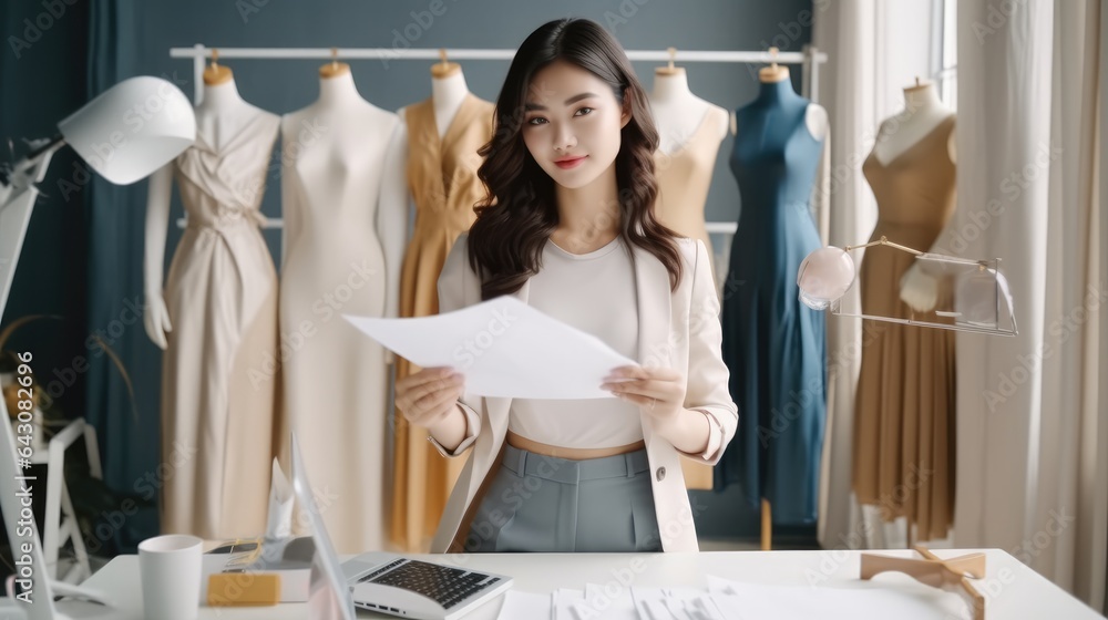 Female stylist Successful Fashion Business, Beautiful Asian young woman in office of fashion designe