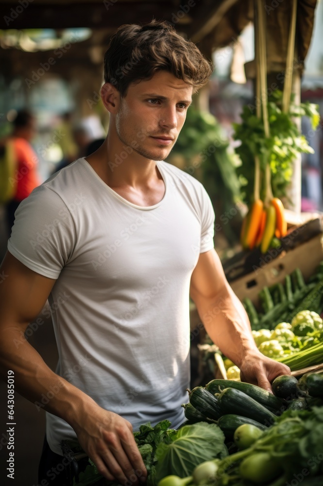 Vibrant Market Days Male Model in White T Shirt Amidst an Open-Air Market