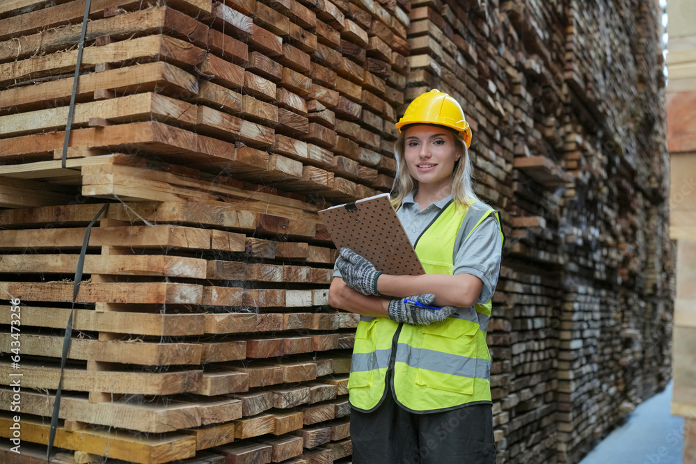 Woman with checklist in a timber and lumber warehouse. Product acceptance and quality control