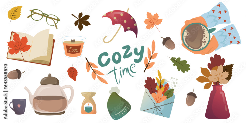 Vector set of autumn icons cup of coffee, falling leaves, cozy time, candles, book and teapot. Scrap