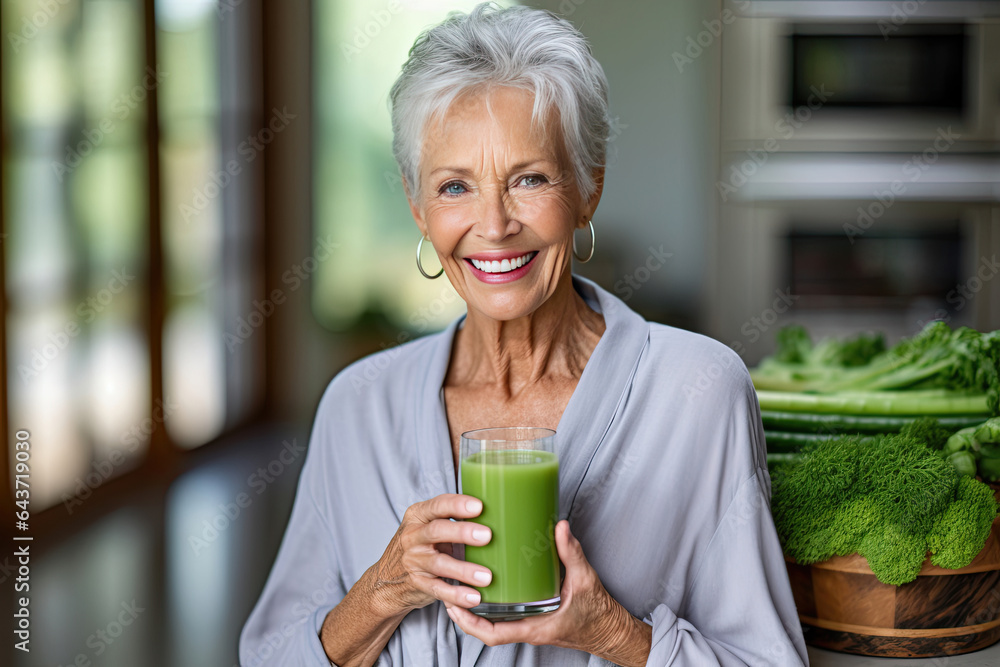 A healthy senior woman smiling while holding some green juice glass in the kitchen. Generative Ai