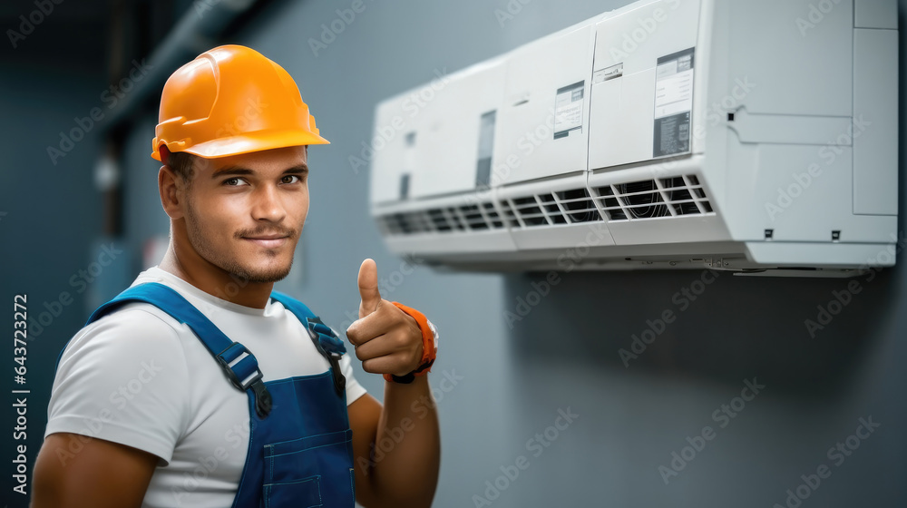 Male Electrician Gesturing Thumbs Up, Air conditioner repairmen work on home unit.