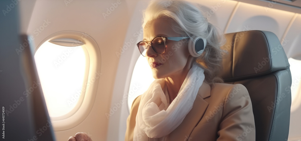 Senior businesswoman travels business class aboard a private jet, Business traveling concept.