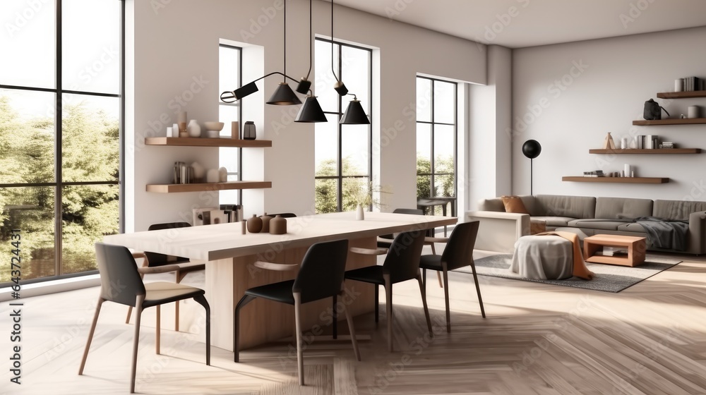 Modern kitchen interior with dining table and seats.