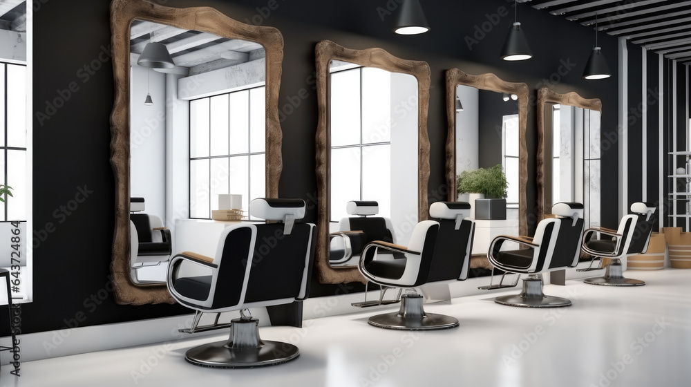 Modern beauty salon with chairs in row and mirror.