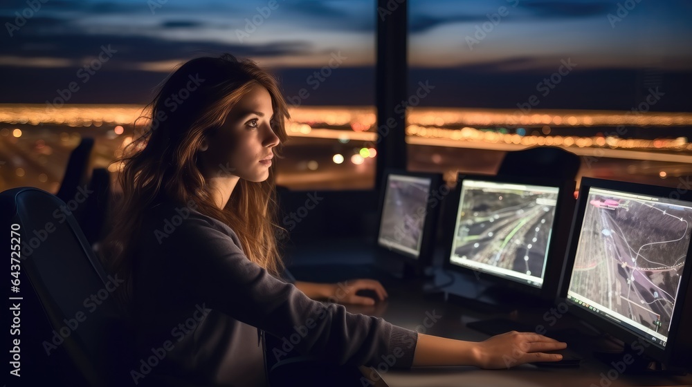 Air traffic controller in the control tower working on his screen, Woman working as air traffic cont