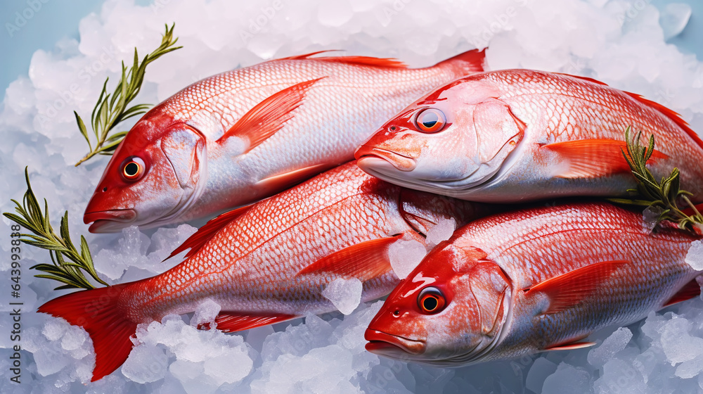 Red snapper fish catch in ice cubes. Seafood background. Generative AI