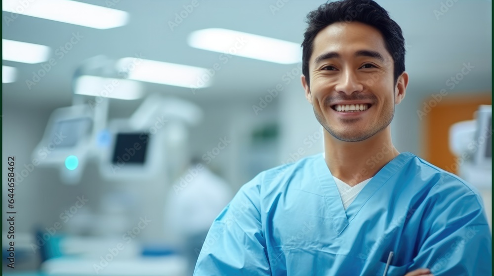 Portrait surgeon Asian man with arms crossed in hospital, Healthcare and wellness concept.