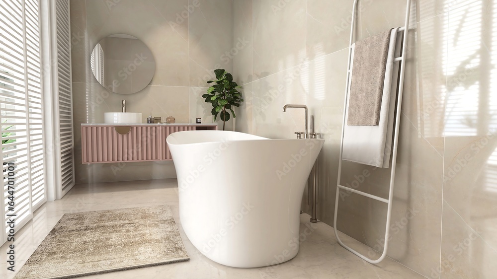 Beige tile wall bathroom, freestanding bathtub, pink corrugated vanity table counter, white sliding 