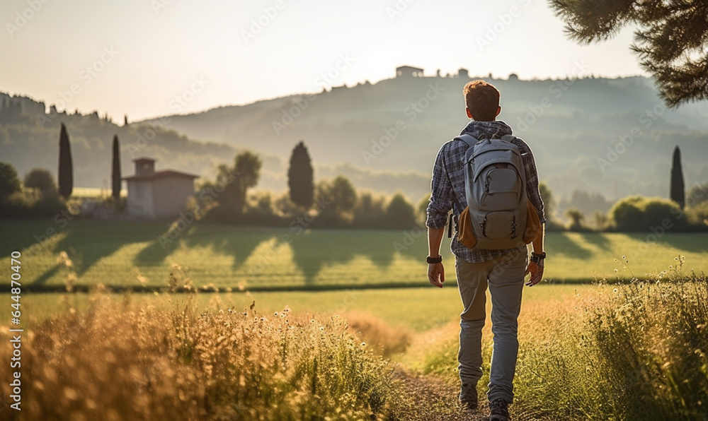 Male hiker traveling, walking alone Italian Tuscan Landscape view under sunset light. Man traveler e