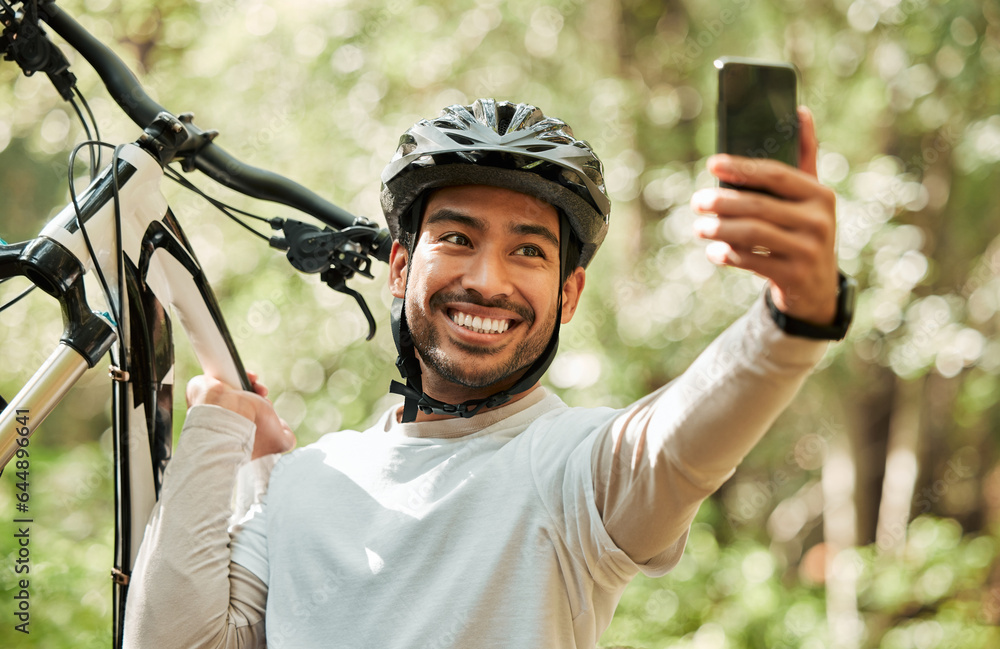 Man, bicycle and forest for selfie, nature or smile for wellness, training or blog on adventure. Inf