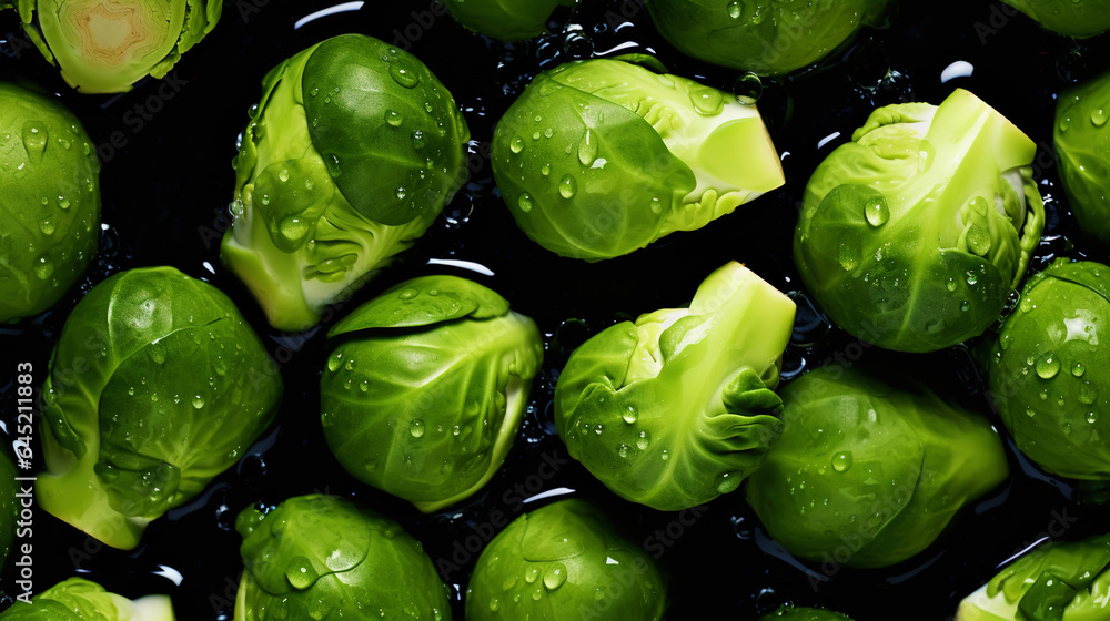 Fresh green brussels sprouts with water drops background. Vegetables backdrop. Generative AI