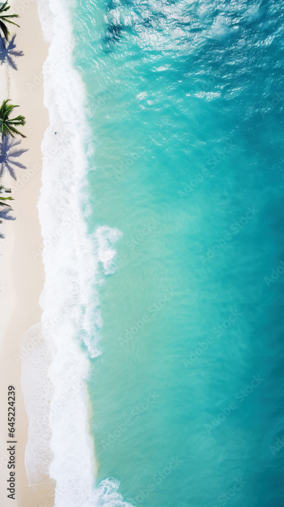 Aerial top view on sand ocean beach with palm trees. Summer vacation paradise concept. Vertical. Gen