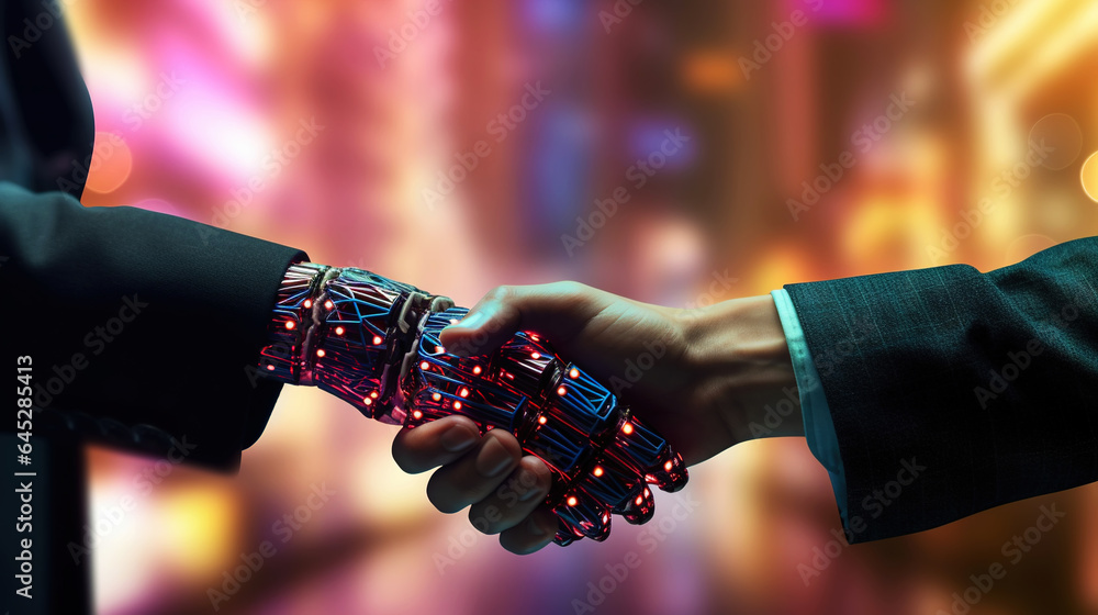 Business handshake of human and robot. Collaboration of artificial intelligence and man. Generative 
