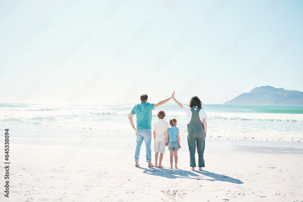 Family, beach and summer vacation on mockup in travel, outdoor holiday or together on sunny day. Rea