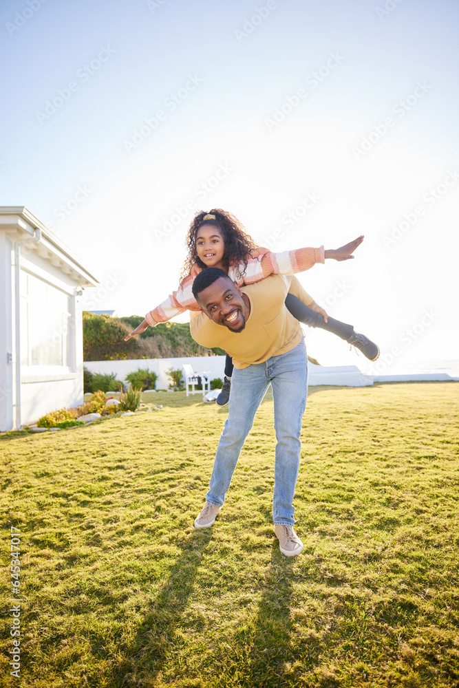 Father, girl child and piggy back for plane on grass, garden or outdoor in summer, bonding and portr