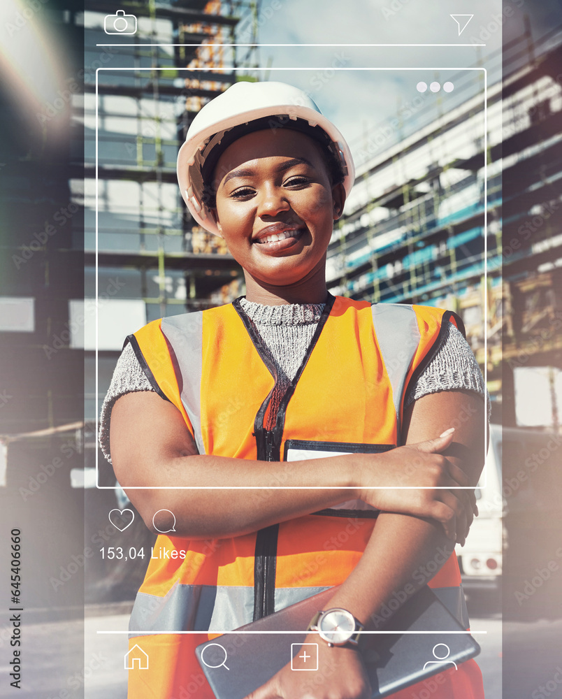 Social media, post and portrait of black woman, architect at construction site with frame, engineeri