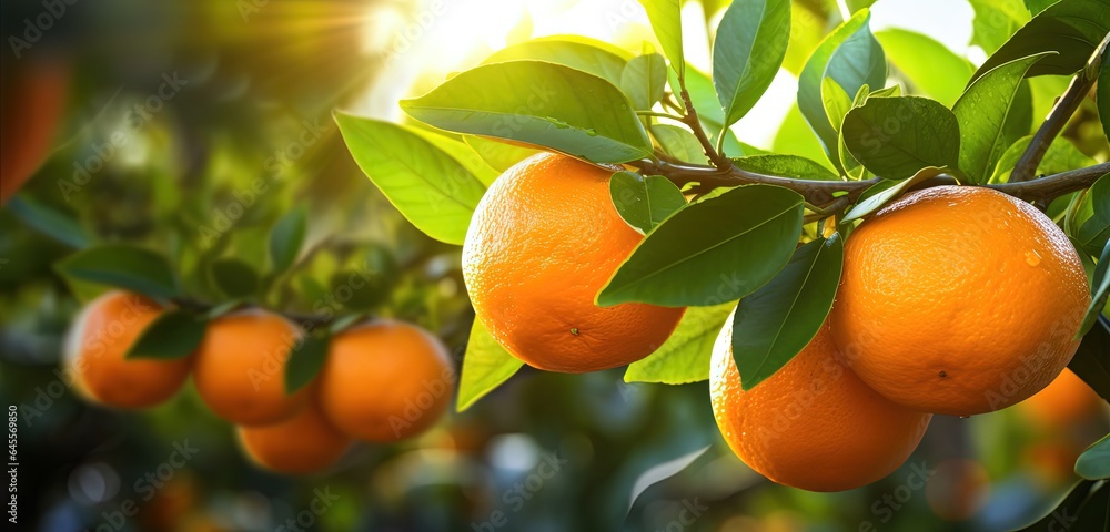close up beautiful ripe big oranges on tree with light glow from behind Generative Ai