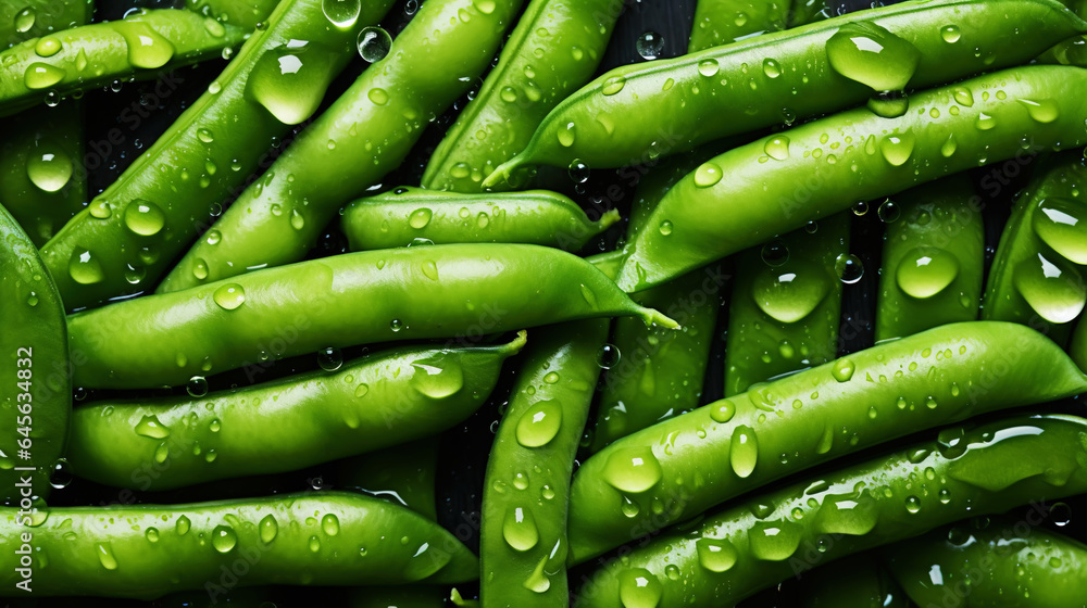 Fresh green beans with water drops background. Vegetables backdrop. Generative AI