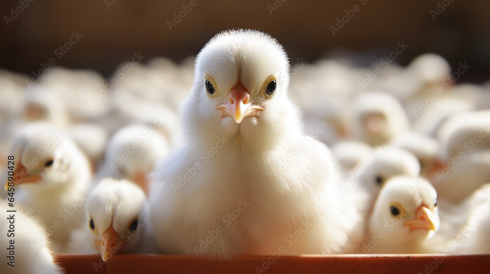 Large Group of Baby Chicks on Chicken Farm.