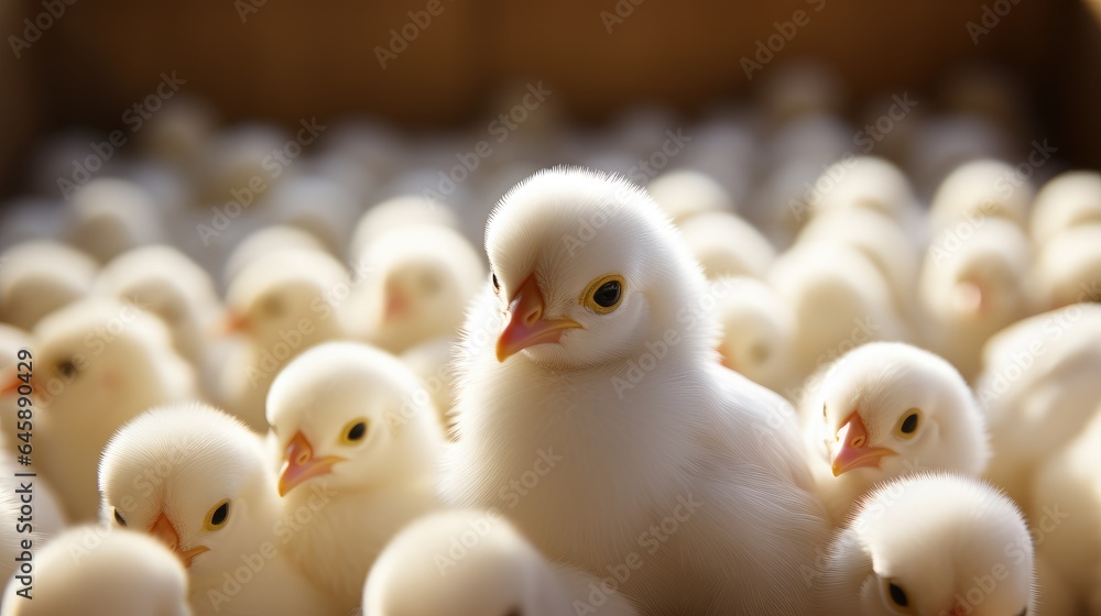 Large Group of Baby Chicks on Chicken Farm.