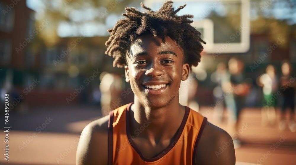 Portrait of a young African American boy smiling on a basketball court.