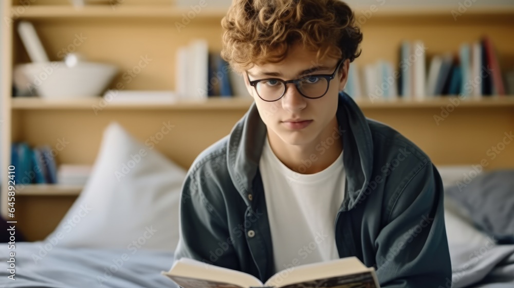 Male teenager wear eyeglasses are reading book while sitting on bed at home, Spending leisure or wee