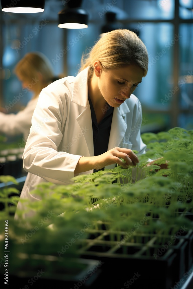 A researcher in a lab coat are analyzing soybean plants in laboratory.