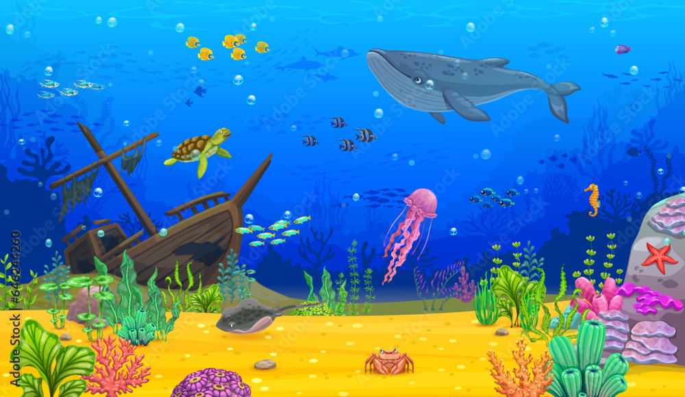 Cartoon underwater landscape. Blue whale, turtle, fish shoal and jellyfish, stingray and starfish on