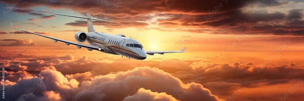 Luxury private jet flying above the clouds, beautiful sunset on background. Travel and airplane conc