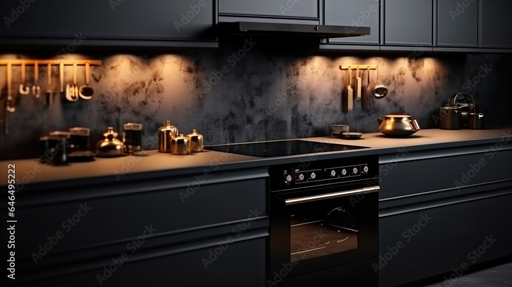 Luxury black kitchen with a stove top oven.