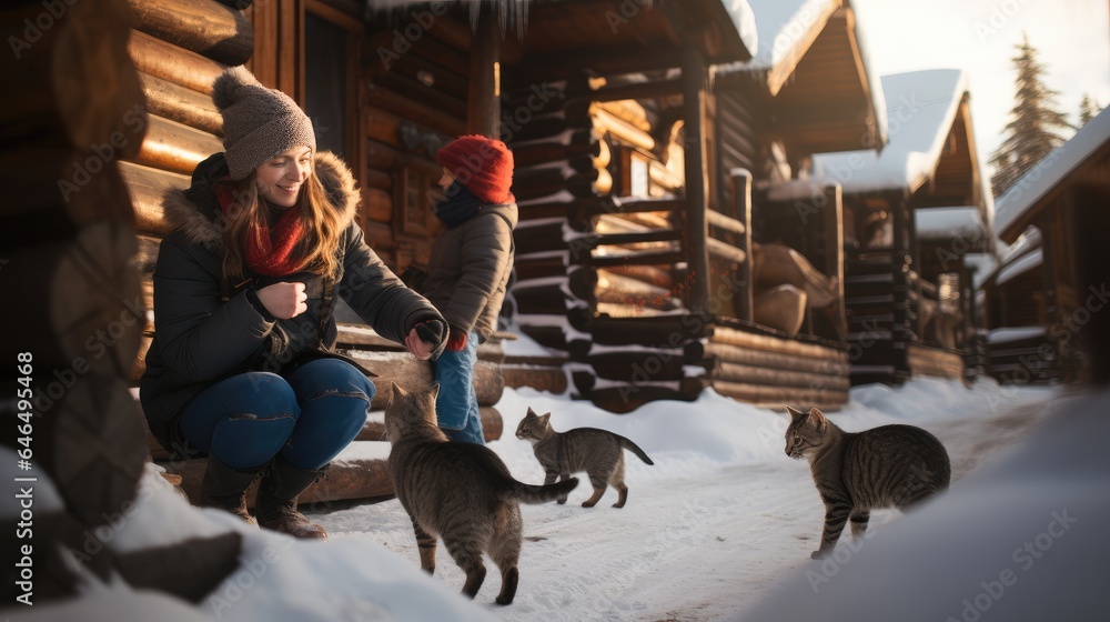Woman happily pets some stray cats under the eaves of a wooden house in the snow.