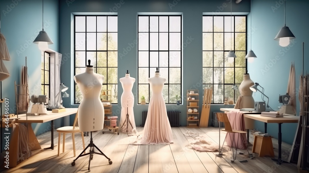 Studio with various sewing items, Fabrics and mannequins standing, Designer.