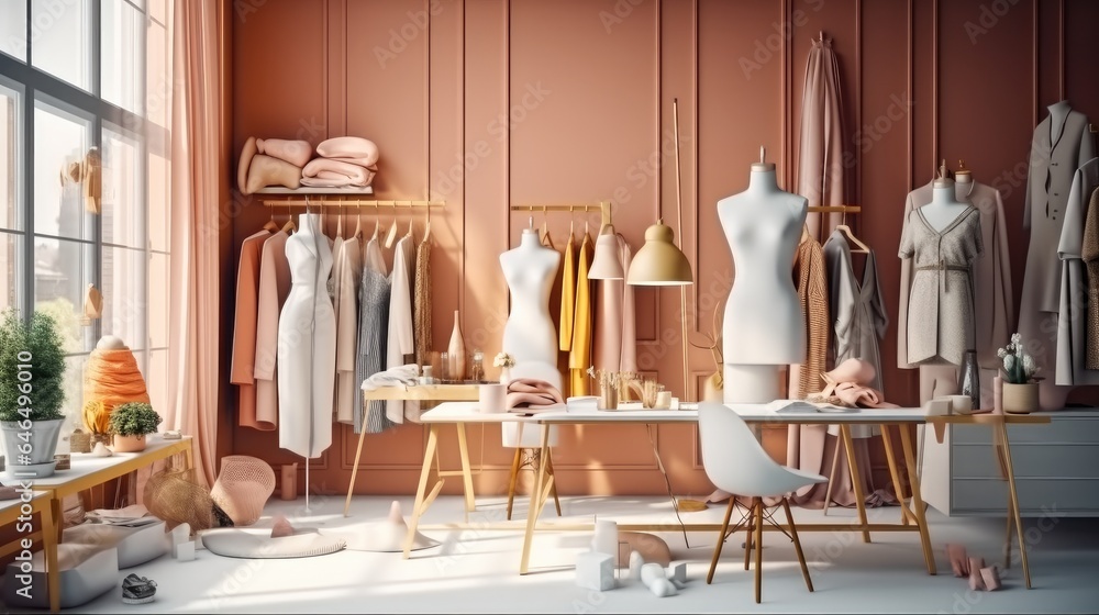Studio with various sewing items, Fabrics and mannequins standing, Designer.