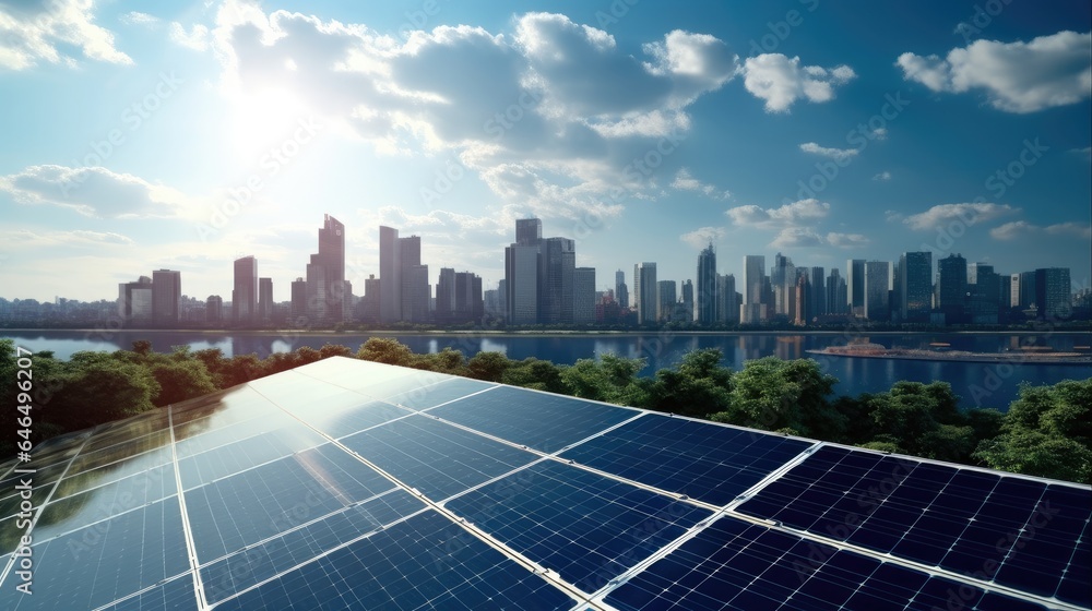 Solar panels with a city background, Clean energy, Environments sustainable and eco friendly future 